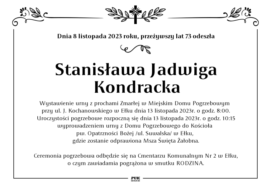 Stanisława Jadwiga Kondracka - nekrolog